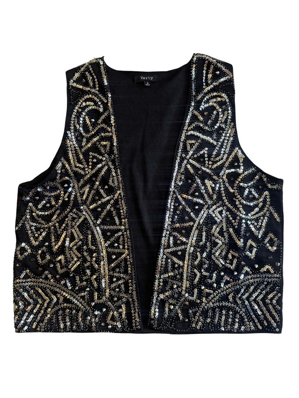 Verty Sequin Studded Black Open Front Vest Size Large Boho Festival Party Glam
